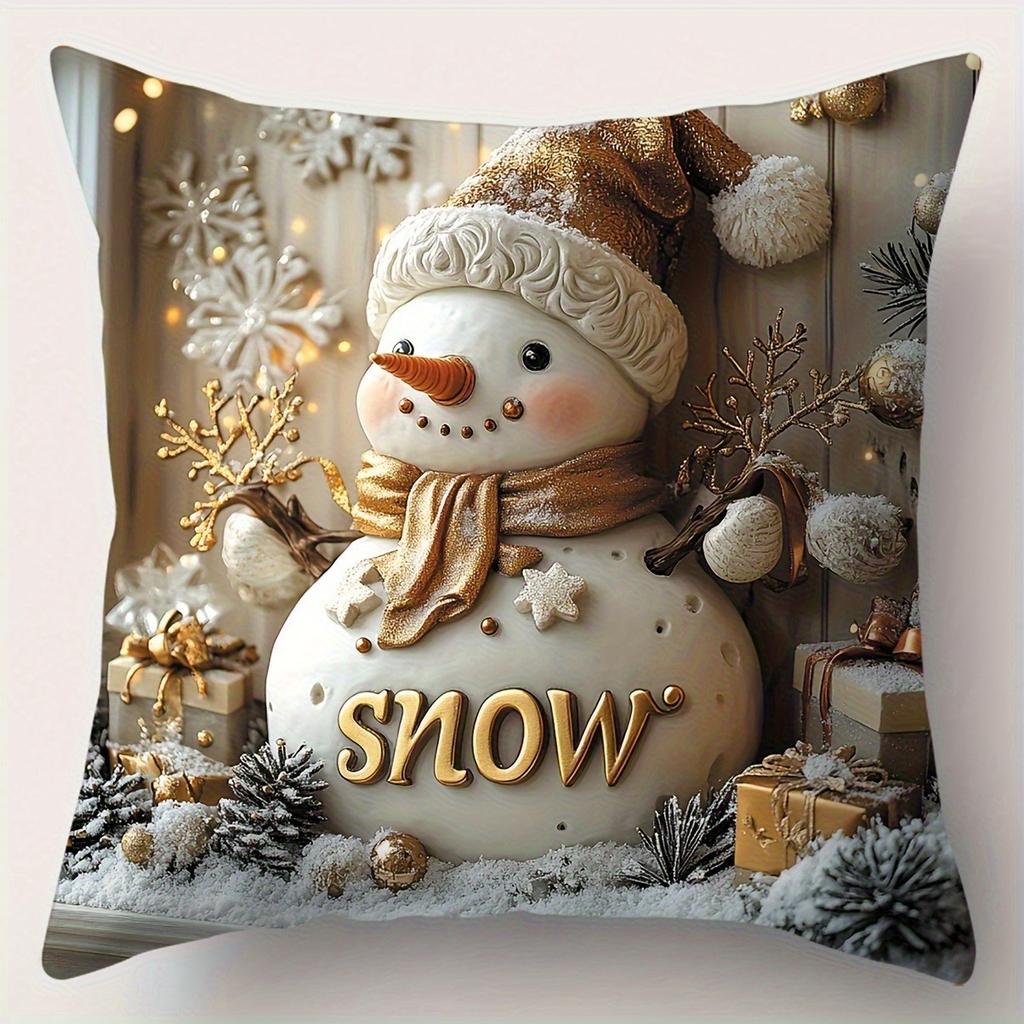 Zlaté šperky s vánoční tématikou!Sněhový strom, sněhulák, povlak na polštář se sobem Novoroční domácí dekorace 2D plochý tisk