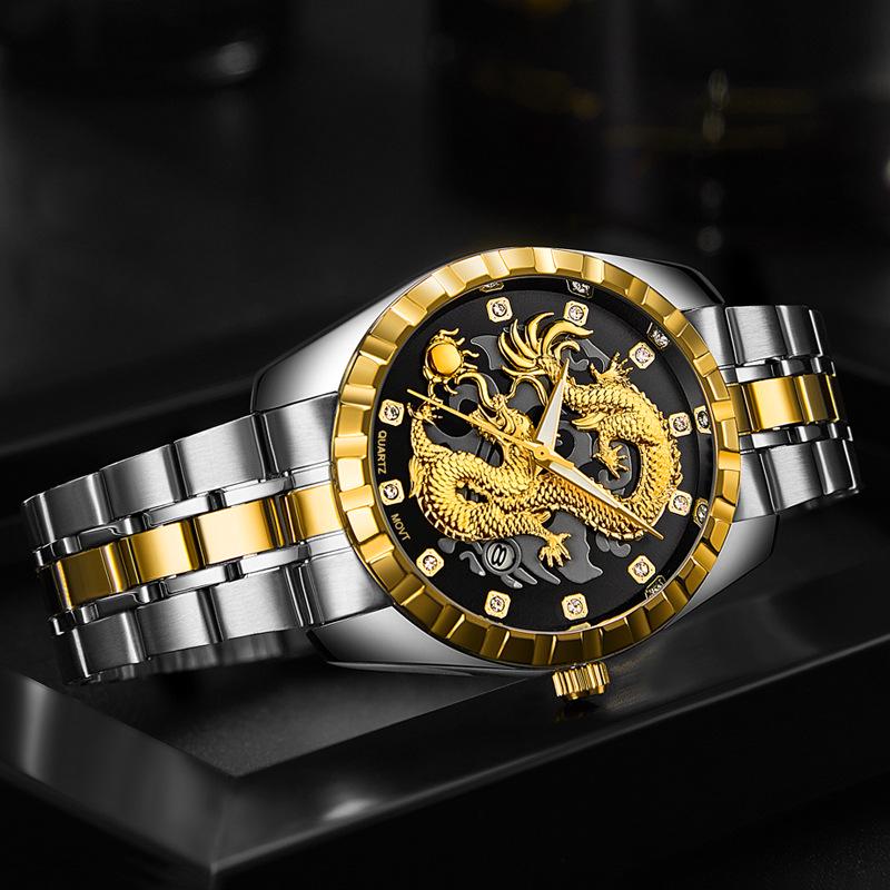 WLISTH Módní zlaté hodinky s drakem Pánské Luxusní Nerezová ocel Business Casual Křemenné Náramkové hodinky Datum Pánské Náramkové hodinky