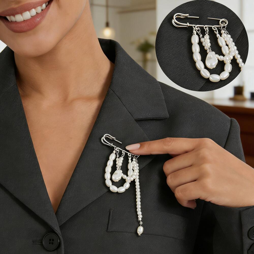 Fashion Imitation Pearl Tassel Brooch for Women Girls Waist Cinching Adjustable Skirt Anti-Slip Metal Pin Fixed Clothes Jewelry