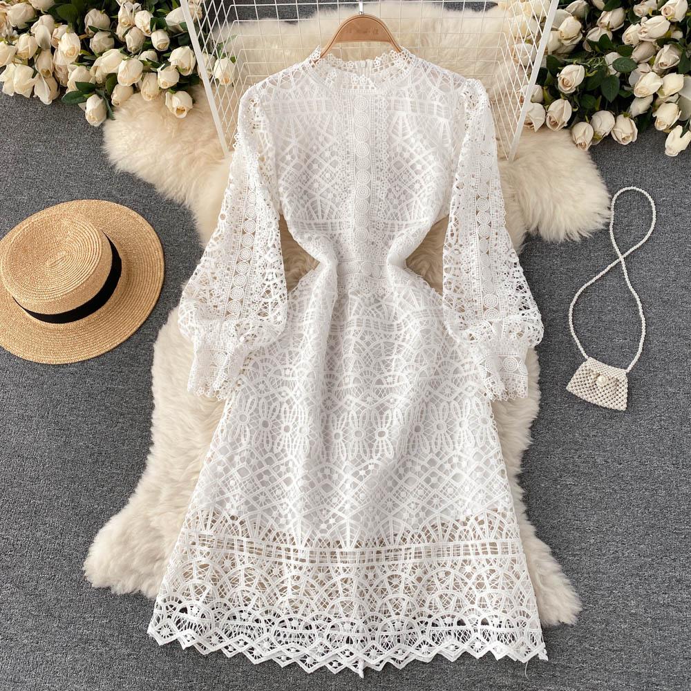 RUGOD Robe rétro haut de gamme de déesse du tempérament, robe trapèze en dentelle à crochet creux à taille fine et fleur