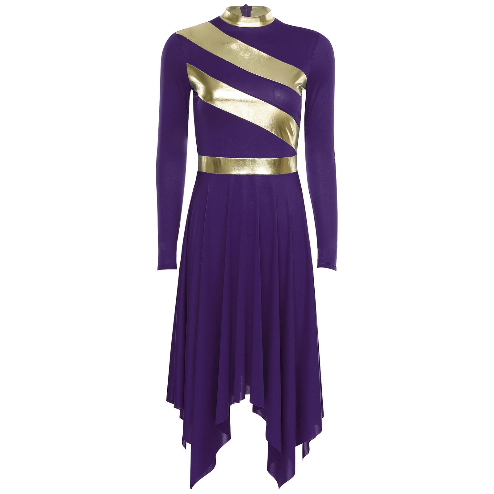 

Ladies Long Sleeve Metallic Patchwork Worship Dress Irregular Hem Tunic Praise Liturgical Lyrical Dance Gown S фіолетовий