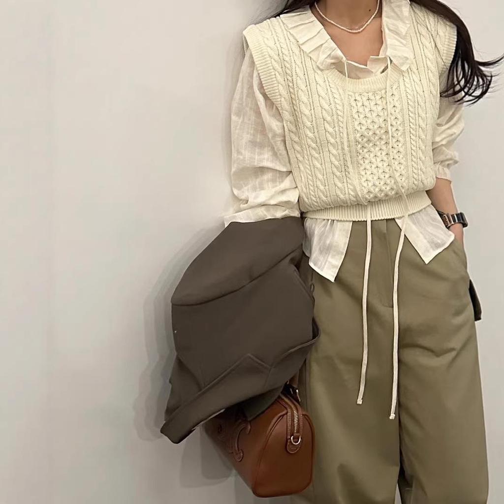 Korean Chic Cotton Jacquard Ribbon Shirt & Cable Knit Vest Set for Women
