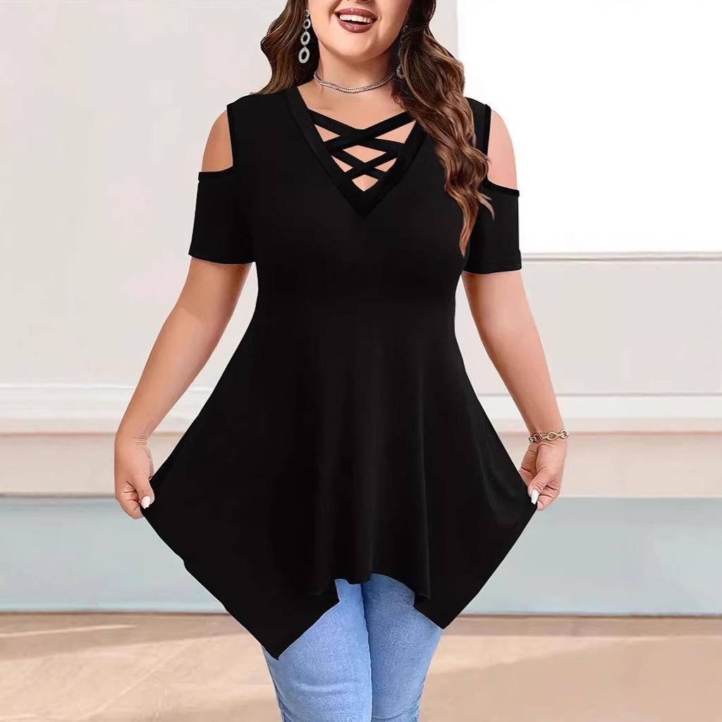 V-Neck Off-Shoulder Strap Short-Sleeve Plain Women's T-Shirt Top
