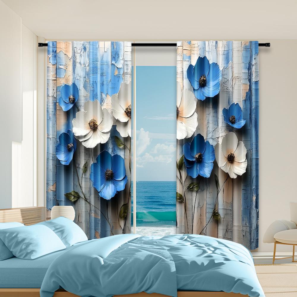 

2 pcs, versatile polyester transparent curtains for home decoration Pastoral Blue and White Floral for use in bedrooms and 29x65in(75x166cm)