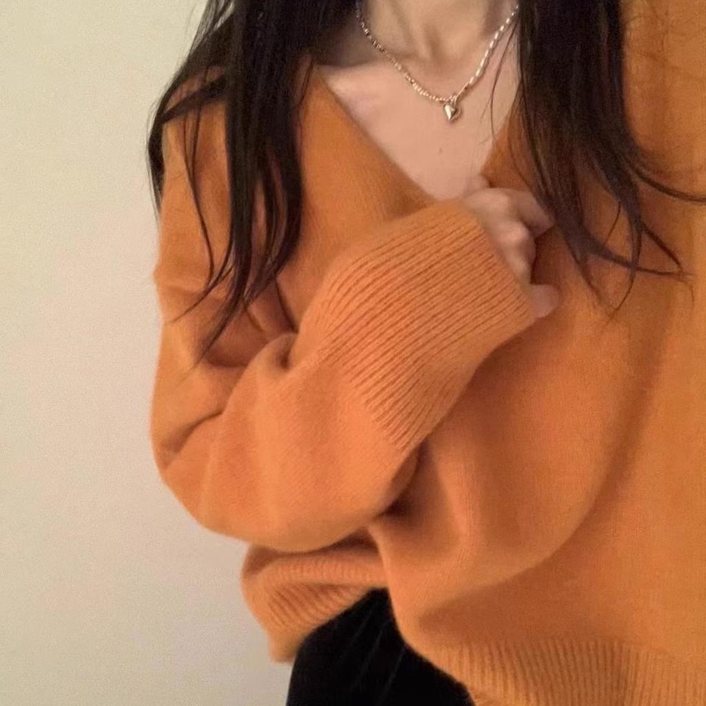 V-neck Knitted Sweater for Women Thick Autumn and Winter Loose and Fashionable Sweater Casual Long-sleeved Pullover
