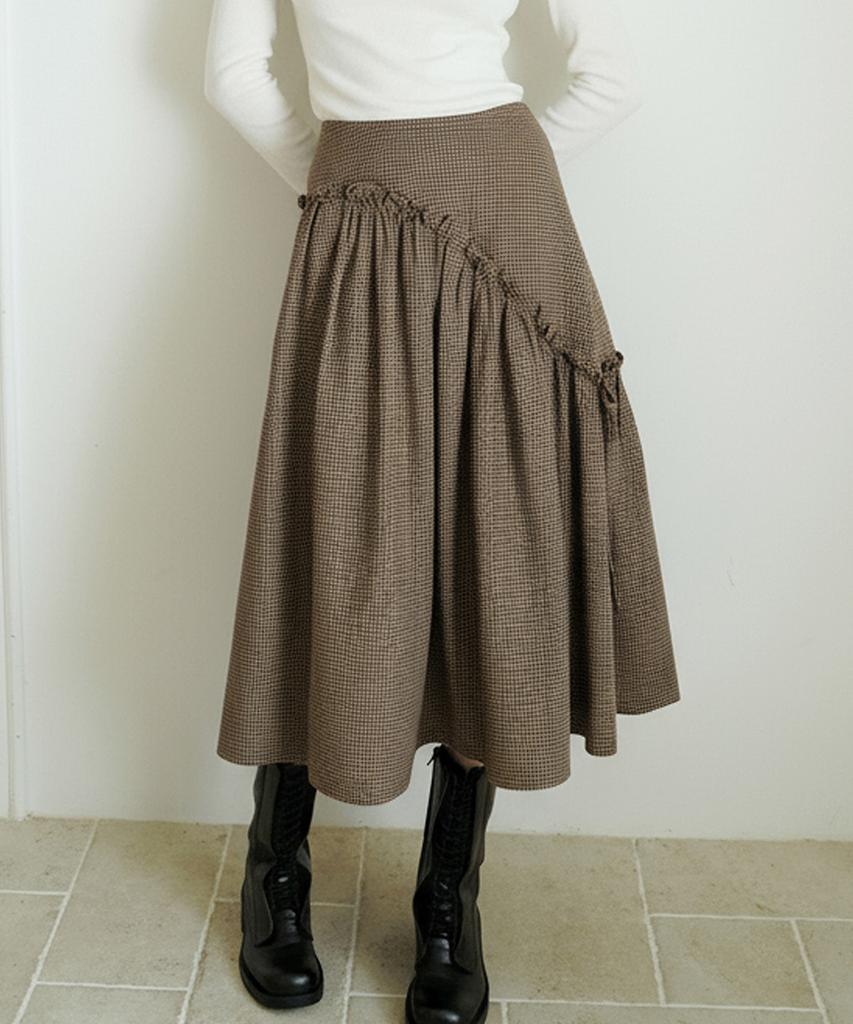 HEEARI Bliss Check Long Skirt_Brown