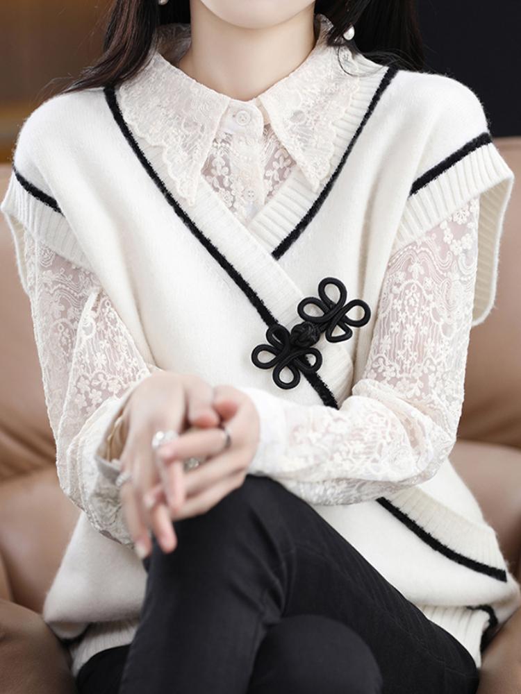 Color Block Button Front Vest, Casual Sleeveless Dual Pockets Knit Vest for Spring & Fall, Women's Clothing