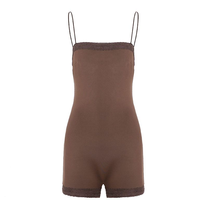 2026 Spring/Summer New European and American Style Sexy Lace Patchwork Strap Jumpsuit Wasteland Style Slim Fit Brown Jumpsuit for Women Brown S