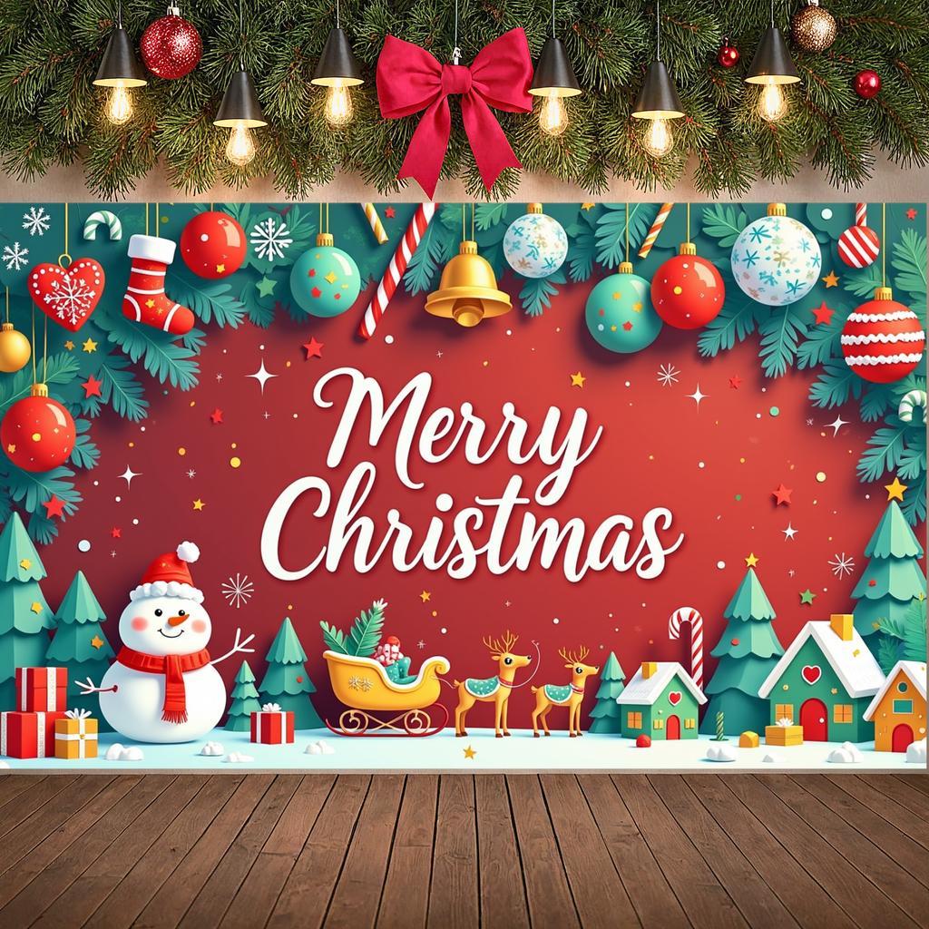 Merry Christmas Banner Golden Bell Xmas Backdrop Winter Display Snowflake Decor Christmas Background For Indoor Decoration Home