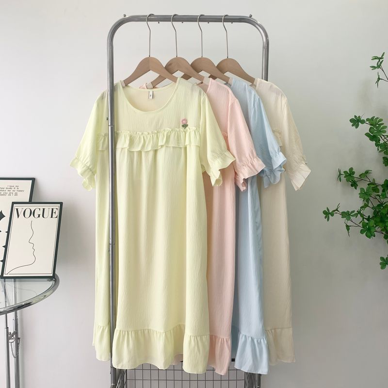 Nightdress Women with Chest Pad Fashion Tape Summer Short Sleeve Loose Princess Style Lace Pajamas Sweet Elegant Homewear