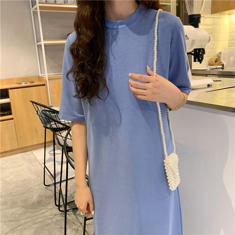Women's Fashion Summer Spring Solid Color Print 1/2 Sleeves O-Neck Loose Waistline Casual Dresses