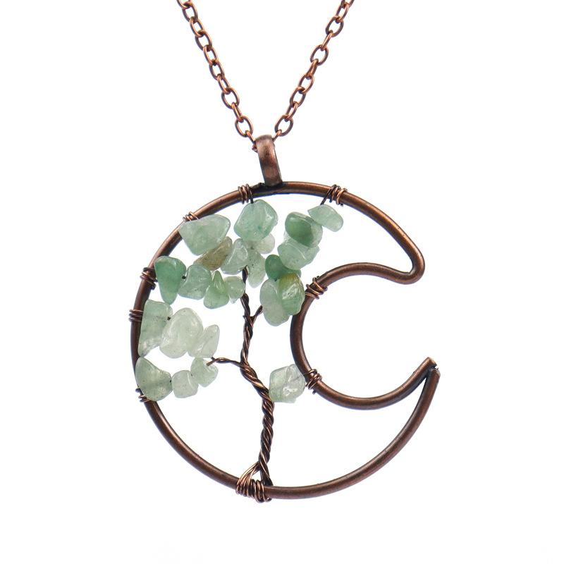 Vintage Handmade Wrapped Moon Tree Of Life Necklace Gravel Crystal Pendant N109