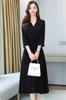 Chubikime Loose Casual Women's Dress, Spring/Summer, 3/4 Sleeve, V-Neck, Long, Midi, A-Line, Black, Slimming, Fit, Formal, Commuting,
