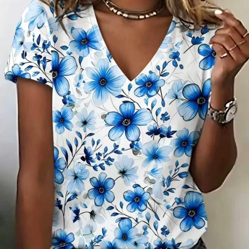 Summer Ladies 3D Printed V-Neck T-Shirt Fashion Versatile Breathable Trend Casual