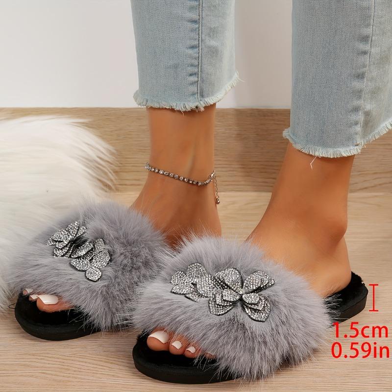Women'S Sexy Solid Color Slip-On Slippers with Glittery Bow Detail - Soft Fabric Upper & TPR Sole, Indoor/Outdoor Winter Comfort for Home