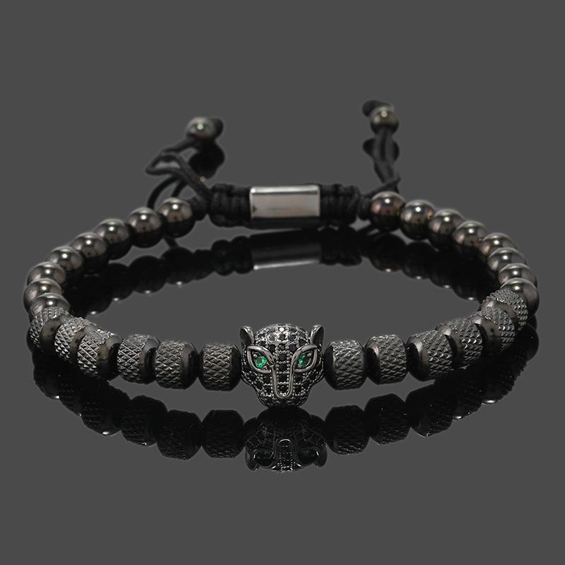 Luxury Royal Black Leopard Head Man Bracelet Stainless Steel Beads Hand Jewelry Big Boy Gift