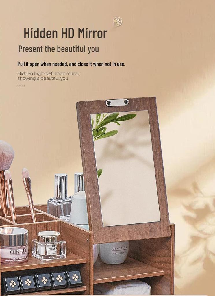 Large Wooden Cosmetic Storage Box with Mirror: Multifunctional Skincare and Lipstick Holder