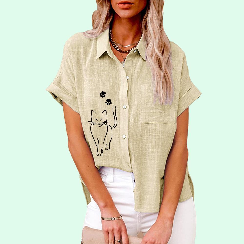 Plus Size Women Fashion Print Blouse Loose Buttoned Short Sleeve Shirt Ladies Casual Linen T-shirt Ladies