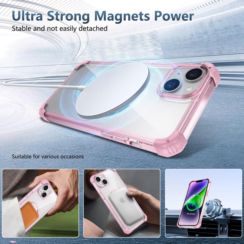 For iPhone 13/14 Magnetic Case TPU+PC Clear Back Phone Cover Reinforced Drop Protection