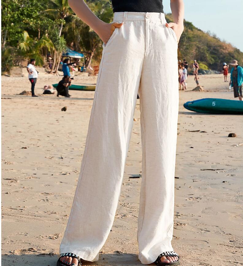 

Женские льняные брюки широкого кроя с высокой талией — легкие, облегающие и повседневные летние брюки Medium абрикосовый