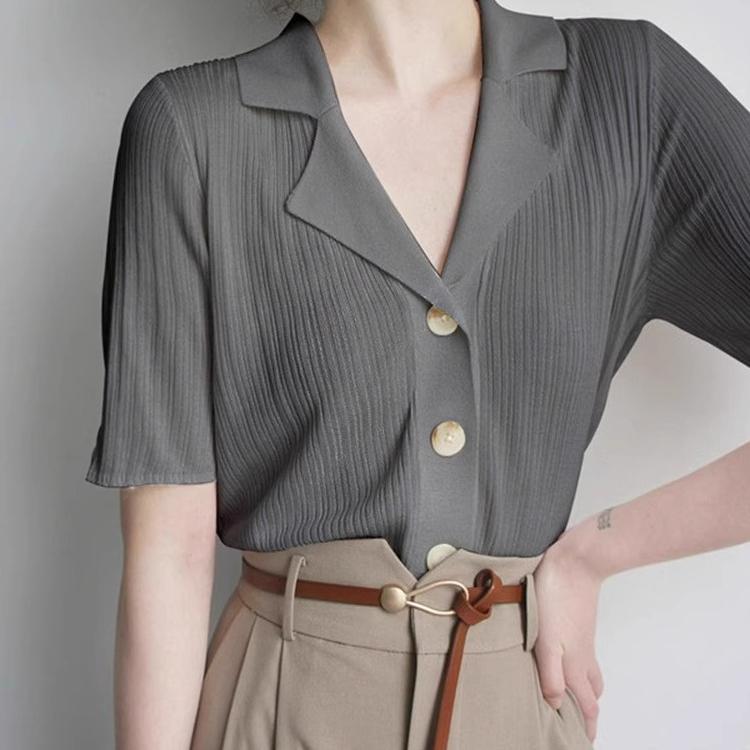 

Летняя однотонная вязаная футболка с отложным воротником, женский повседневный пуловер с короткими рукавами, топ, женская футболка на пуговицах One Size серый