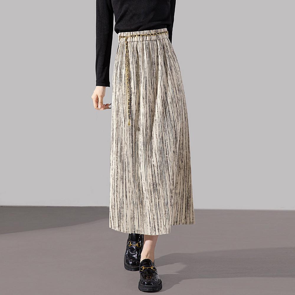 Qooth Women Autumn Winter Vintage Diamond Woolen Pleated Skirt Fashionable Elastic Waist Printed Mid-Length Skirt QT2488
