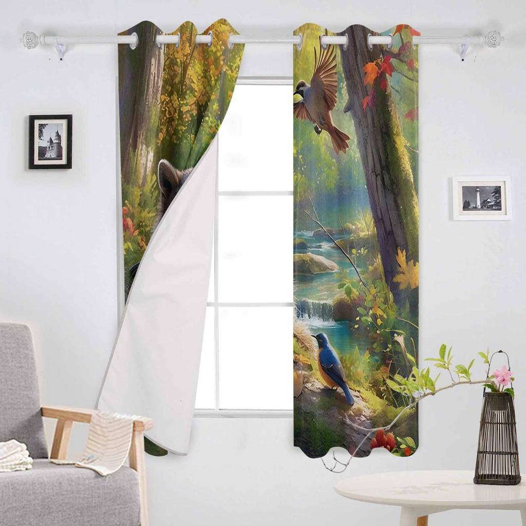 Forest Stream Raccoon Bird Blackout Curtains For Living Room Bedroom Window Treatment Blinds Drapes