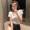 Pure cotton square collar front shoulder short-sleeved T-shirt women's summer new Spice Girl slim and thin simple style short t-shirt top