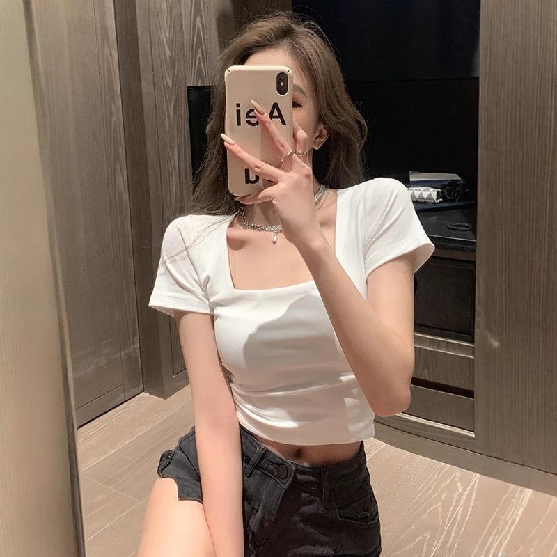 Pure cotton square collar front shoulder short-sleeved T-shirt women's summer new Spice Girl slim and thin simple style short t-shirt top
