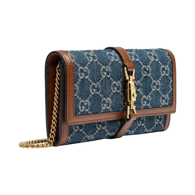 Gucci Jackie 1961 Gold Lock Monogram Canvas And Leather Chain Wallet On Chain Women Shoulder Bag Blue Brown 652681-2KQGG-8375
