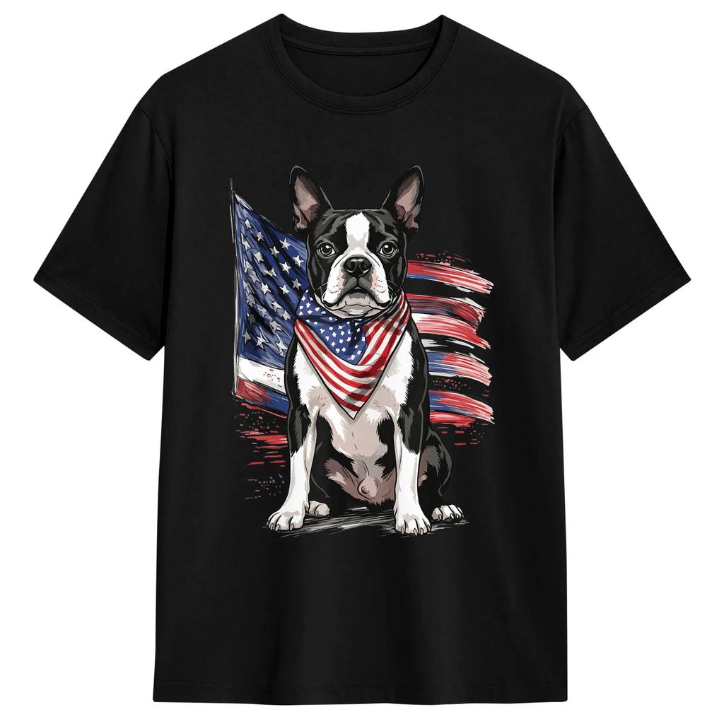 Boston Terrier 4th Of July Patriotic Dog Tshirt Trending T Shirts Shortsleeved Streetwear Tshirt 100 Cotton Oversize Tees