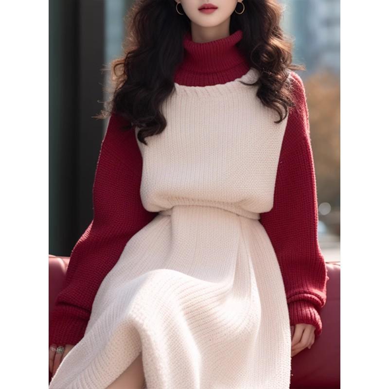 

2024 Элегантное красное лоскутное платье на китайский Новый год для женщин - Коллекция осень/зима Extra Large