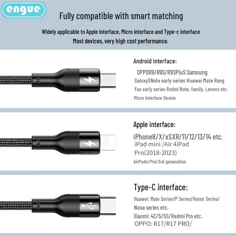 Câble de données tressé 3 en 1 ENGUE Super Charge Rapide 66W