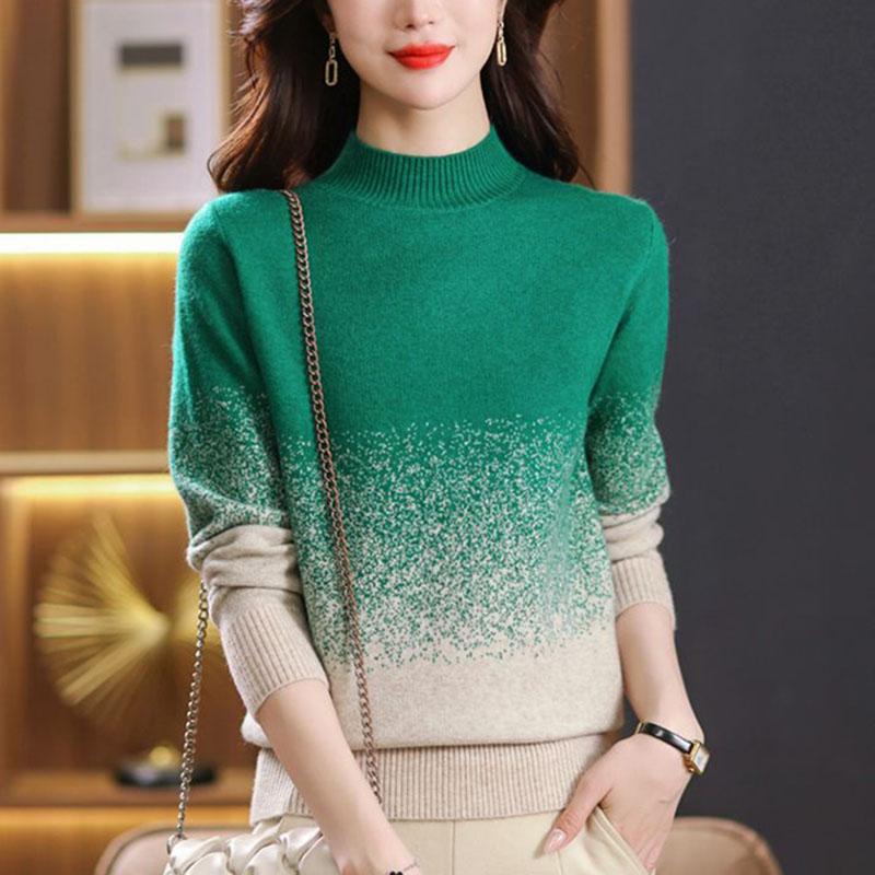 Women's Crew Neck Sweater Autumn and Winter Gradient Knit Pullover Loose Thick Knit Top