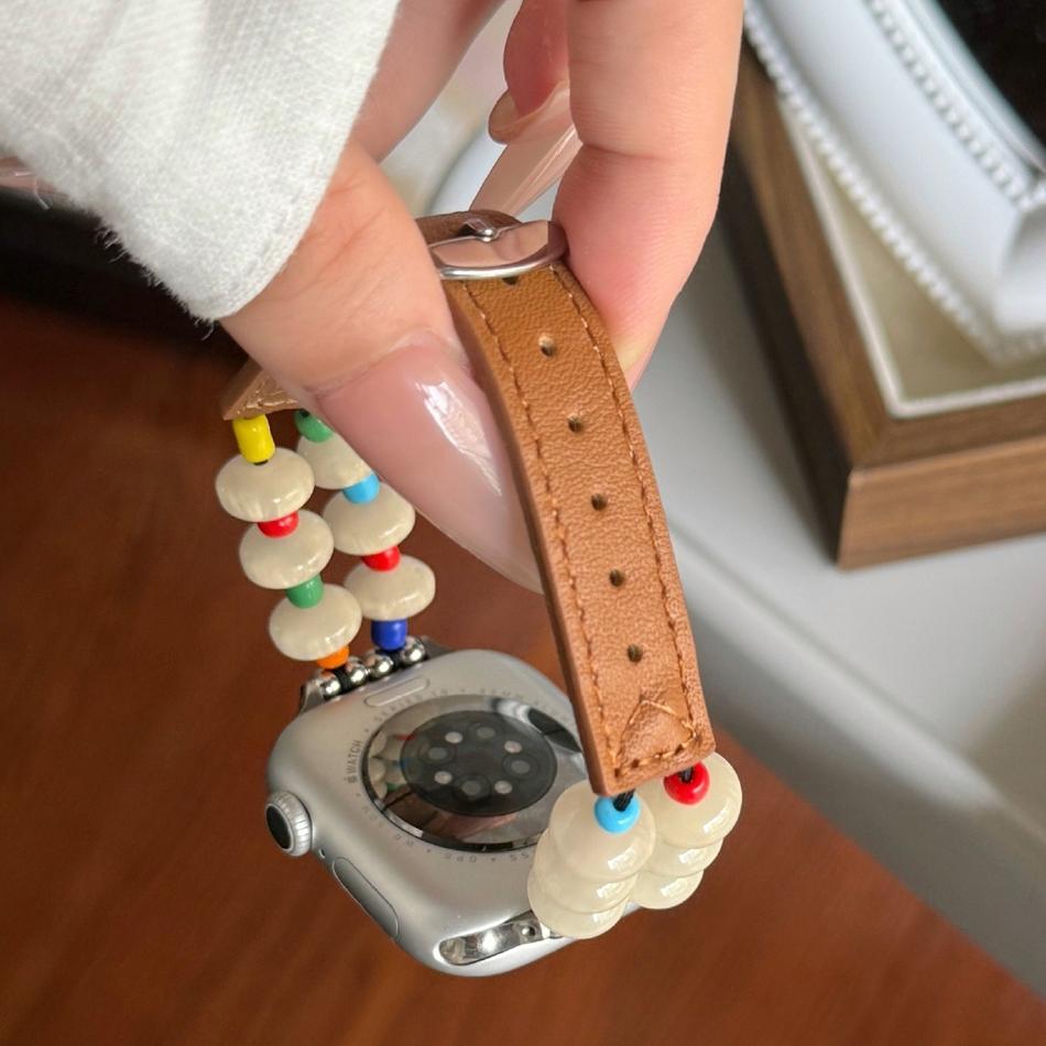 Colored Beaded Leather Bracelet For Apple Watch Band S11/10/9/8/7/6/5/4/Ultra iWatch Strap 49/46/45/44/42/41/40/38mm Fashionable