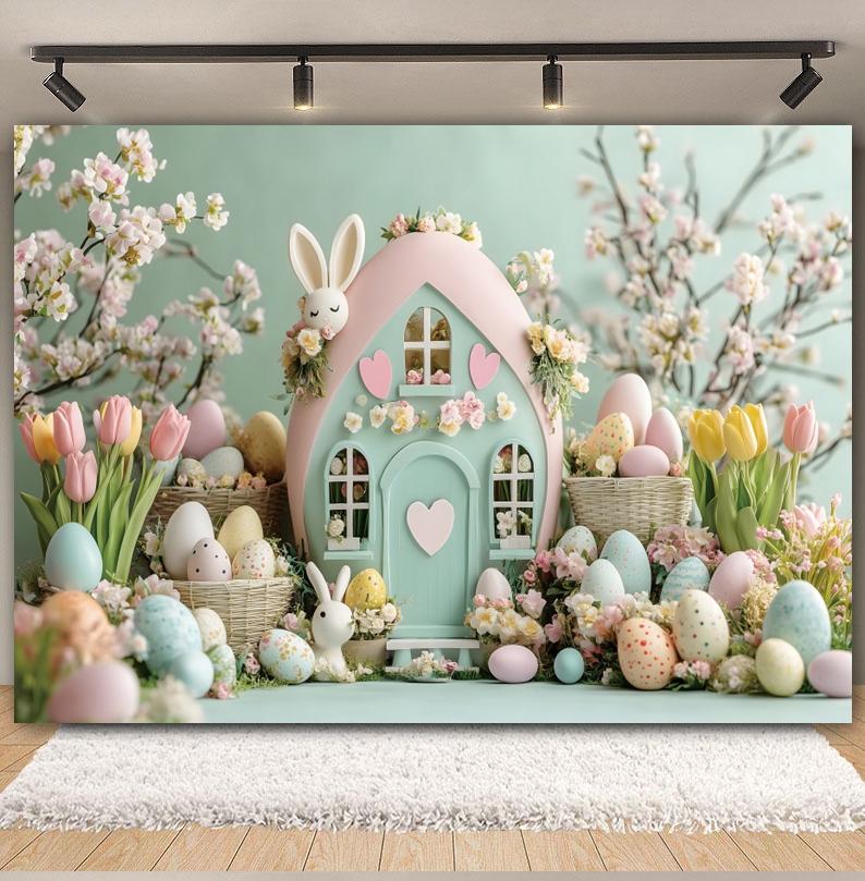 Spring Easter Cottage Colorful Egg Rabbit Photography Background Flower and Tree House Children's Birthday Decoration Backdrop