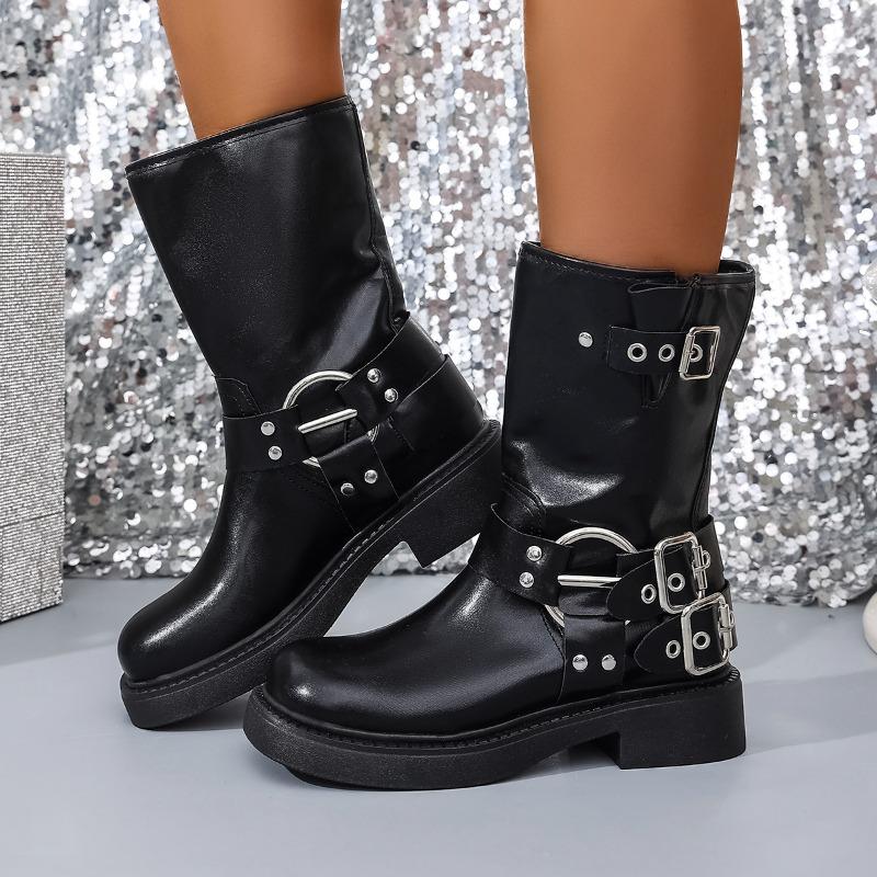 Fashion Four Seasons Platform Single Boots Women's Fashion Round Toe Studded Metal Buckle Block Heel Mid-leg Boots