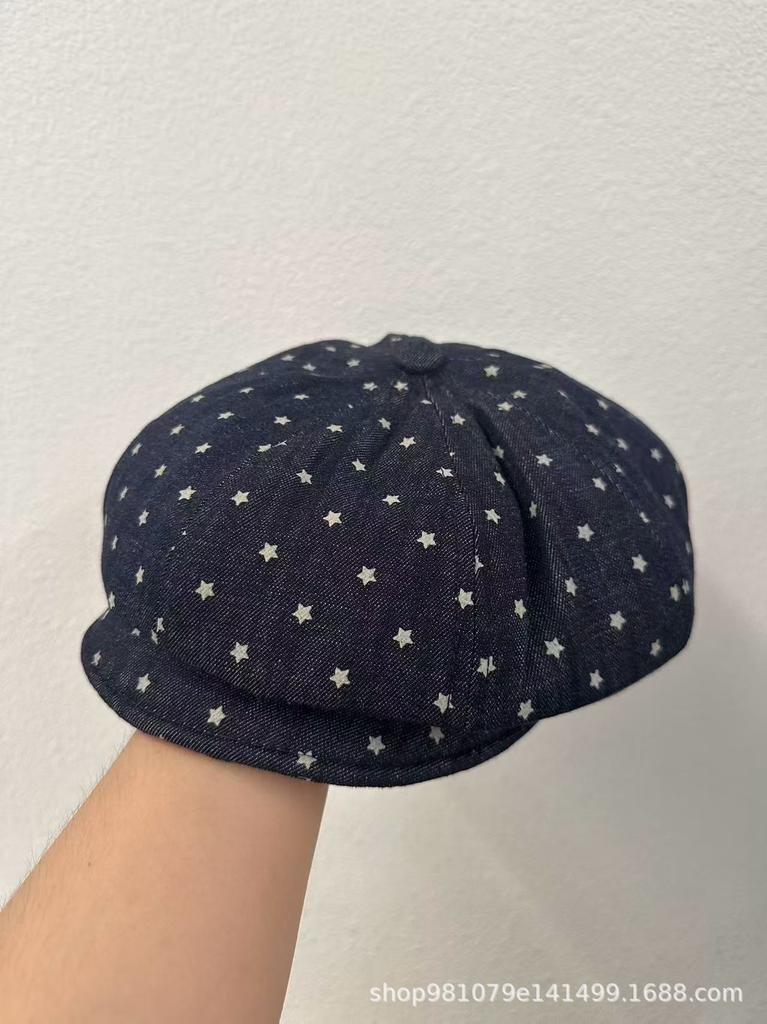 Simple star printing cotton and linen age-reducing octagonal hat women's autumn retro versatile painter hat showing face small flat top beret