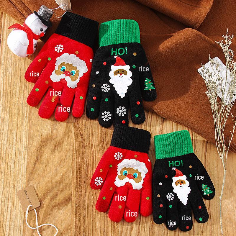Women's Winter Touchscreen Knitted Cartoon Christmas Gloves – Warm and Thick Five-Finger Design
