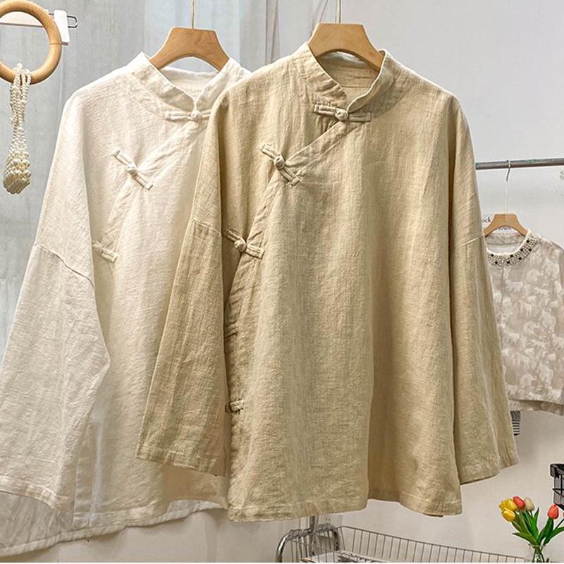 Retro Artistic Stand Collar Frog Button Cotton-Linen Long Sleeve Shirt