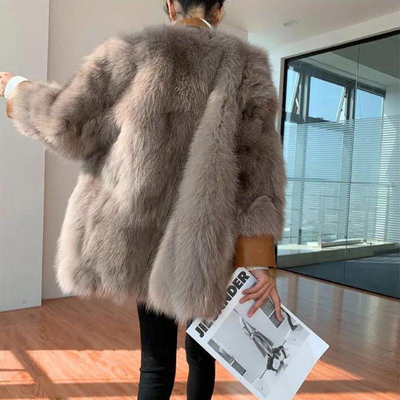 Pelsfrakk Dame Høst- og vinterimitasjon revepels Uformell mote Løs pelsfrakk Mellomlange modeller Tynn
