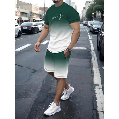 Herren-Outfit, Farbverlauf King Grafikdruck Lässiges Rundhals Kurzarm T-Shirt & Shorts 2-teiliges Set für Sommer-Outdoor-Aktivitäten