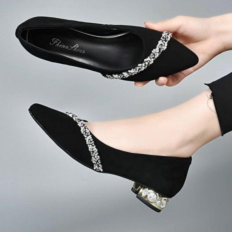 Black Pointed Toe Rhinestone Low Heel Elegant Shoes for Women Popular With Discount Footwear Spring Chic Point Y2k Woman Pumps