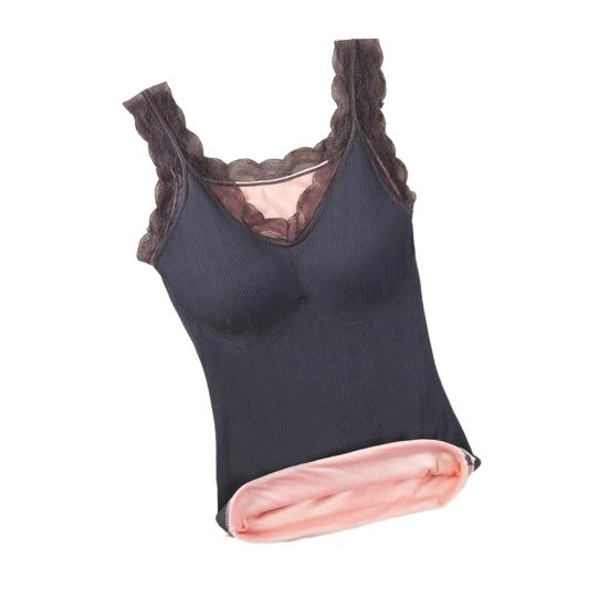 Women's Thermal Tank Top Lace Trim Sleeveless Camisole Shirts Fleece Lined V Neck Warm Base Layer Cami Underwear Tops with Built-in Bra