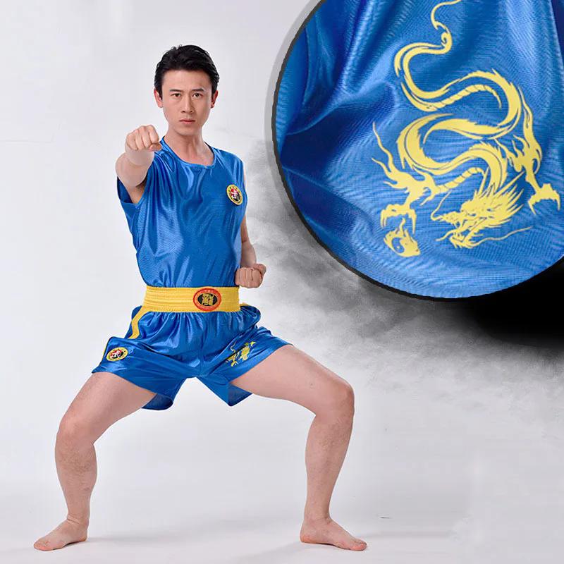Unisex Wushu Clothing Kung Fu Uniform Kids Sanda Wu Shu Clothes Martial Arts Set Boxing Shorts Suit With Embroidered Dragon