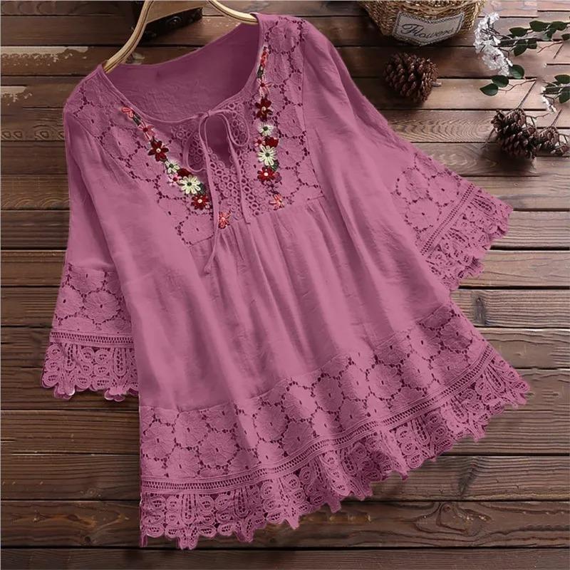 Sommerbluse Damen V-Ausschnitt Spitze Hemd Bluse Elegante Damenmode Lässig Dame Locker Leinenhemden