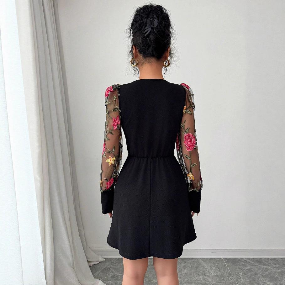 Spring Autumn Evening Party Festival Dresses Elegant Flower Embroidery Sexy Mini Prom Dress Women Mesh Splicing Sleeve Bodycon Dress