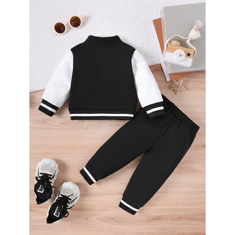 Autumn Baby Clothes Splicing Embroidered Letters Baseball Suit Jacket + Casual Trousers Two-Piece Set
