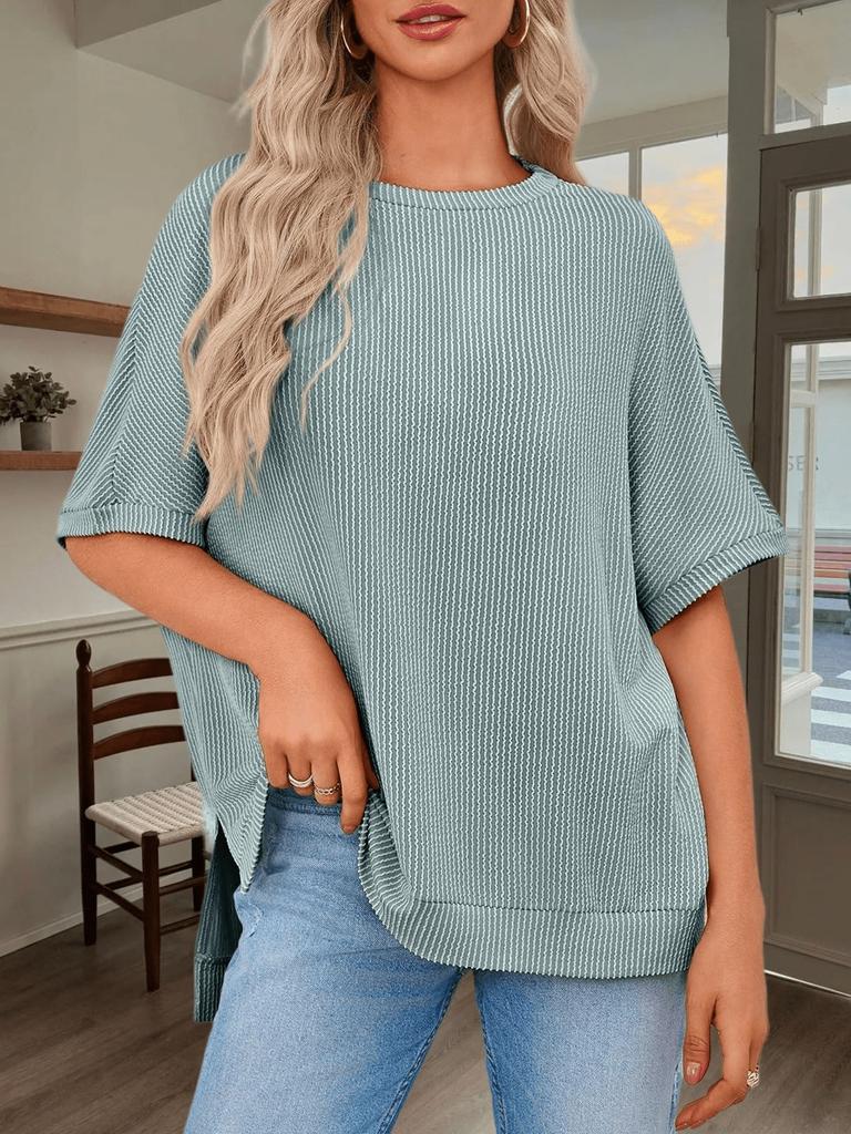Womens Ribbed Batwing T Shirt Short Sleeve Loose Fit Summer Tunic Top