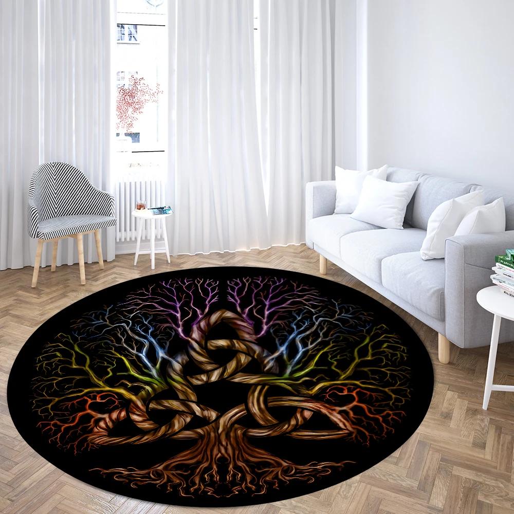 World Tree Round Rug Area Rug Viking Norse Mythology Print Round Carpet Living Room Bedroom Floor Mat Playroom Soft Round Carpet